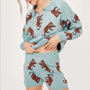 NWT Nasty Gal Tiger Knitted Collar Sweater and Shorts Lounge Set